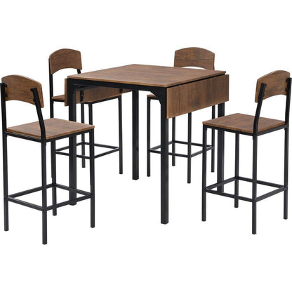 Farmhouse 5-piece Counter Height Drop Leaf Dining Table Set with Dining Chairs for 4, Black Frame+Brown Tabletop