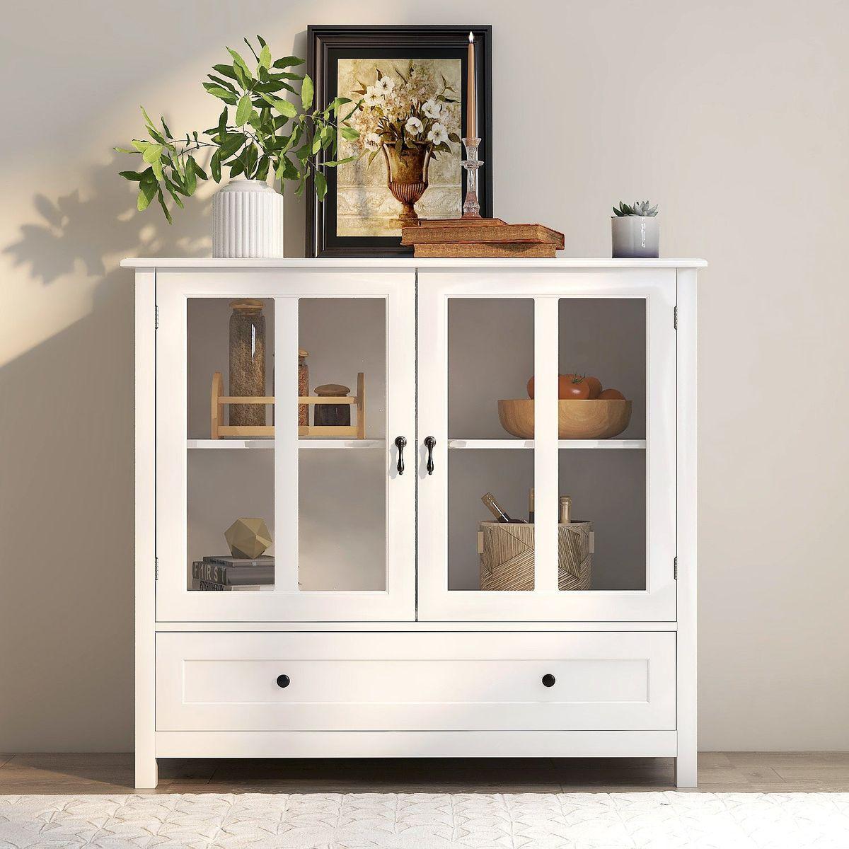 Buffet storage cabinet with double glass doors and unique bell handle