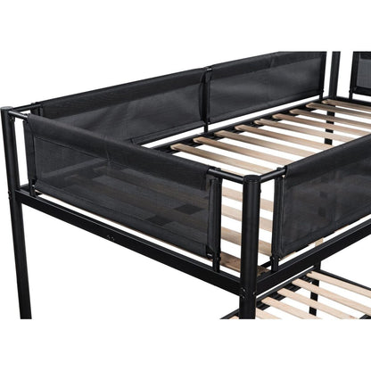 Twin over Full Metal Bunk Bed with Trundle (Wood Slat and Textilene Guardrail)