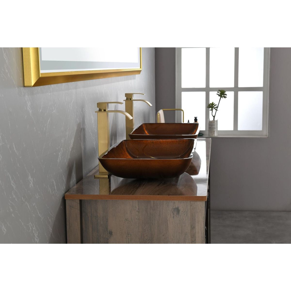 22.5" L -L -14.5" W -4 1/2 in. Handmade Glass Rectangle Vessel Bathroom Sink Set in Rich Chocolate Brown Finish with gold Faucet and gold Pop Up Drain