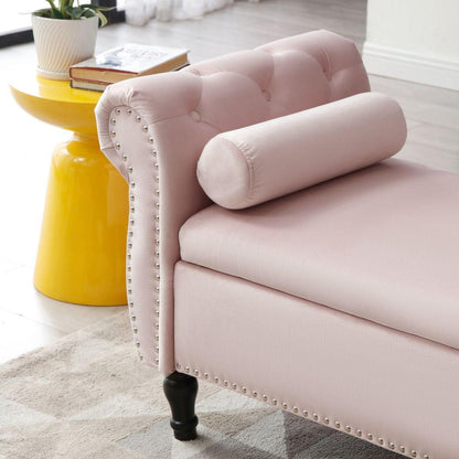 63" Velvet Multifunctional Storage Rectangular Sofa Stool Buttons Tufted Nailhead Trimmed Solid Wood Legs with 1 Pillow, Light Pink