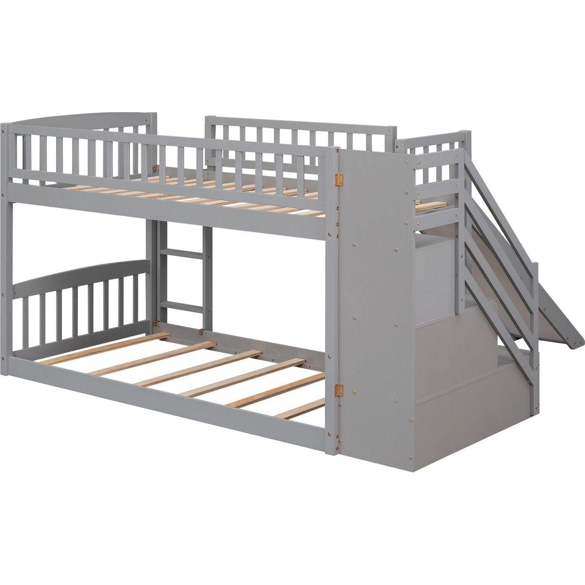 Stairway Twin over Twin Bunk Bed with Two Drawers and Slide, Gray