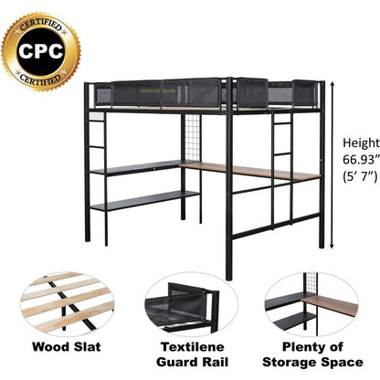 Metal Full Size Loft Bed with Desk & Shelves/ Sturdy Metal Bed Frame/ Noise-free Wood Slats/ Comfortable Textilene Guardrail/ Built-in Desk, 2-tier Shelves & Grid Panel/ 2 Side Ladders