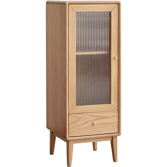 Solid Oak Storage Cabinet for Living Room - Free-Standing Corner Cabinets Storage Table with Vintage Glass Door, 2 Shelves, 1 Drawers & Brass Handle for Entryway Kitchen Hallway TV Stand