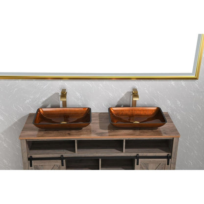 22.5" L -L -14.5" W -4 1/2 in. Handmade Glass Rectangle Vessel Bathroom Sink Set in Rich Chocolate Brown Finish with gold Faucet and gold Pop Up Drain