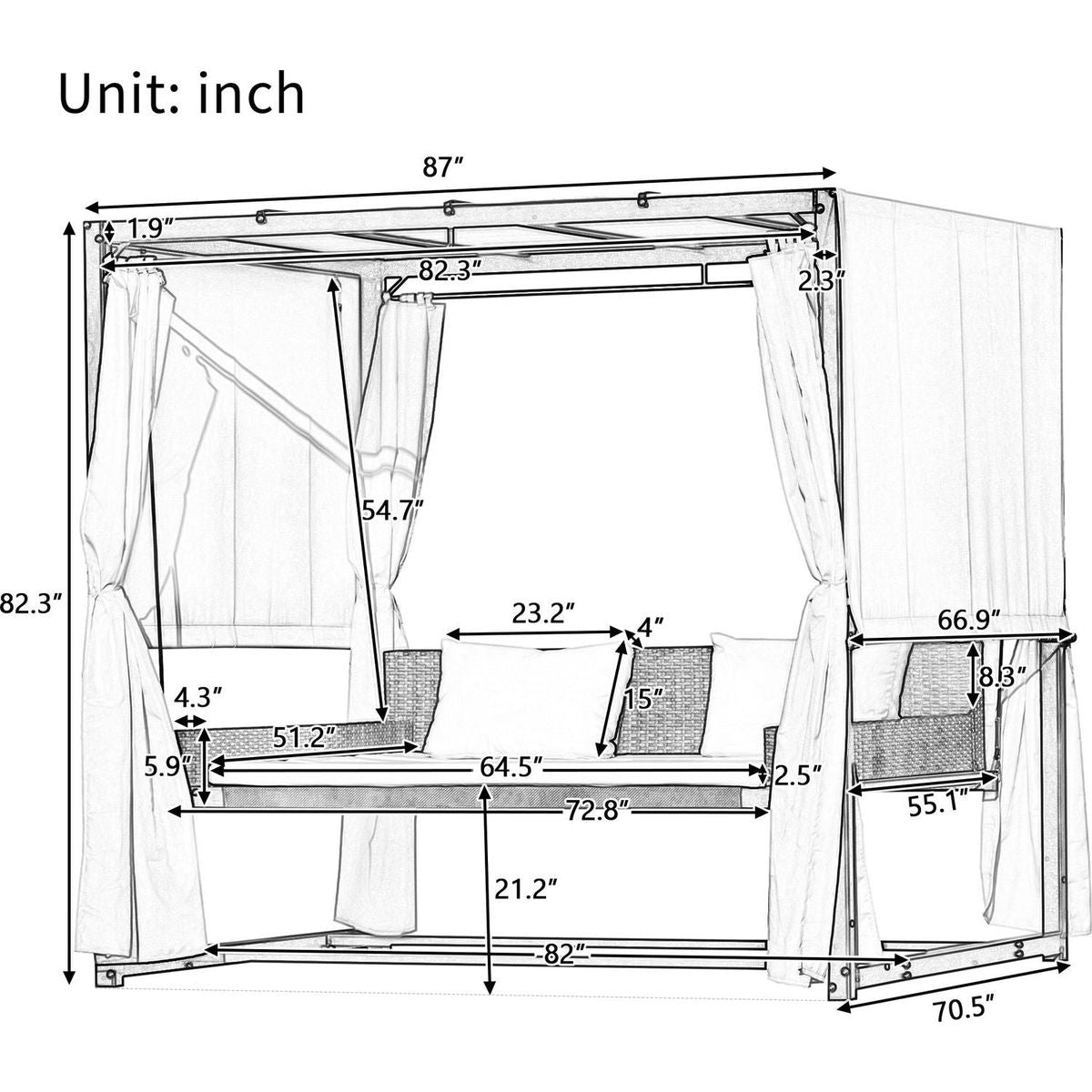 2-3 People Outdoor Swing Bed, Adjustable Curtains, Suitable For Balconies, Gardens And Other Places