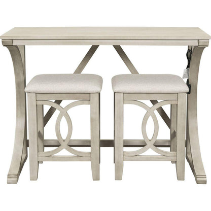 Farmhouse 3-Piece Counter Height Dining Table Set with USB Port and Upholstered Stools, Cream