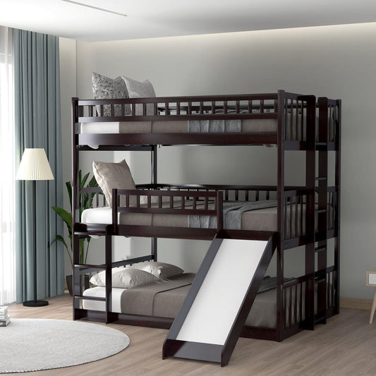 Full-Over-Full-Over-Full Triple Bed with Built-in Ladder and Slide, Triple Bunk Bed with Guardrails, Espresso