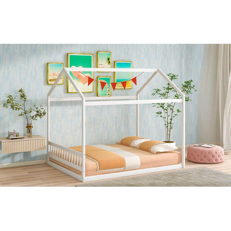 Queen Size Wooden House Bed with Headboard, White - Streamdale Furniture