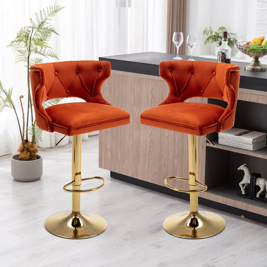 Bar Stools With Back and Footrest Counter Height Dining Chairs-Velvet Orange-2PCS/SET