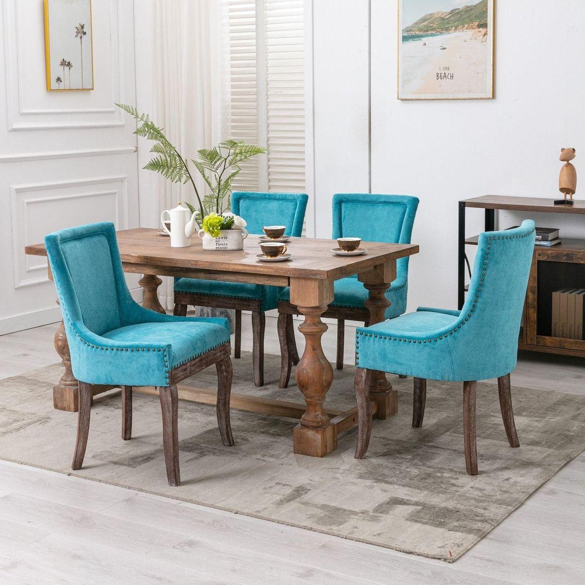 Ultra Side Dining Chair, Thickened fabric chairs with neutrally toned solid wood legs, Bronze nail head, Set of 2, Blue