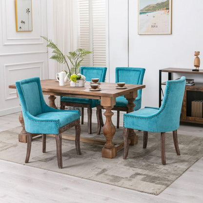 Ultra Side Dining Chair, Thickened fabric chairs with neutrally toned solid wood legs, Bronze nail head, Set of 2, Blue