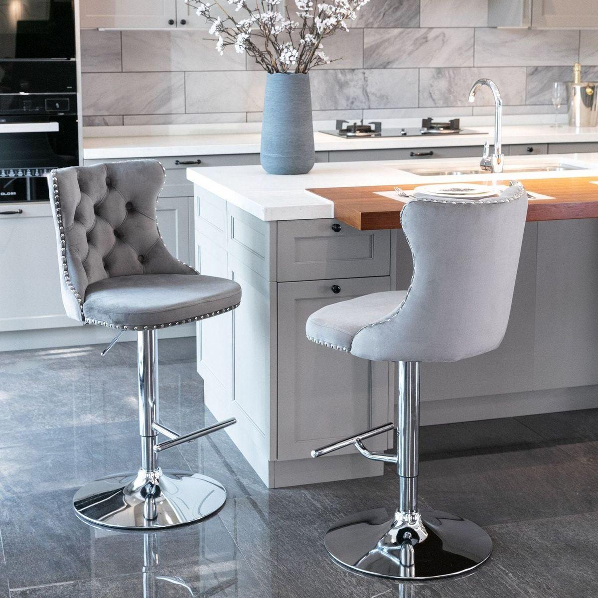 Swivel Velvet Barstools Adjusatble Seat Height from 25-33 Inch, Modern Upholstered Chrome base Bar Stools with Backs Comfortable Tufted for Home Pub and Kitchen IslandGray, Set of 2)