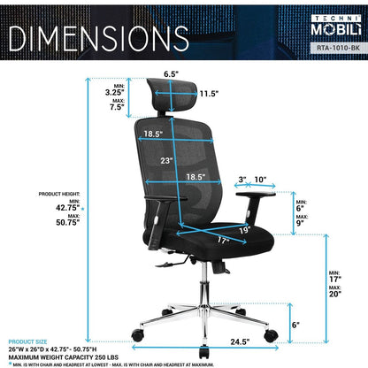 High Back Executive Mesh Office Chair with Arms, Lumbar Support and Chrome Base, Black