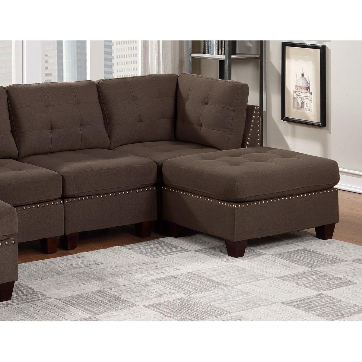 Modular Sectional 6pc Set Living Room Furniture U-Sectional Tufted Nail heads Couch Black Coffee Linen Like Fabric 2x Corner Wedge 2x Armless Chairs and 2x Ottomans