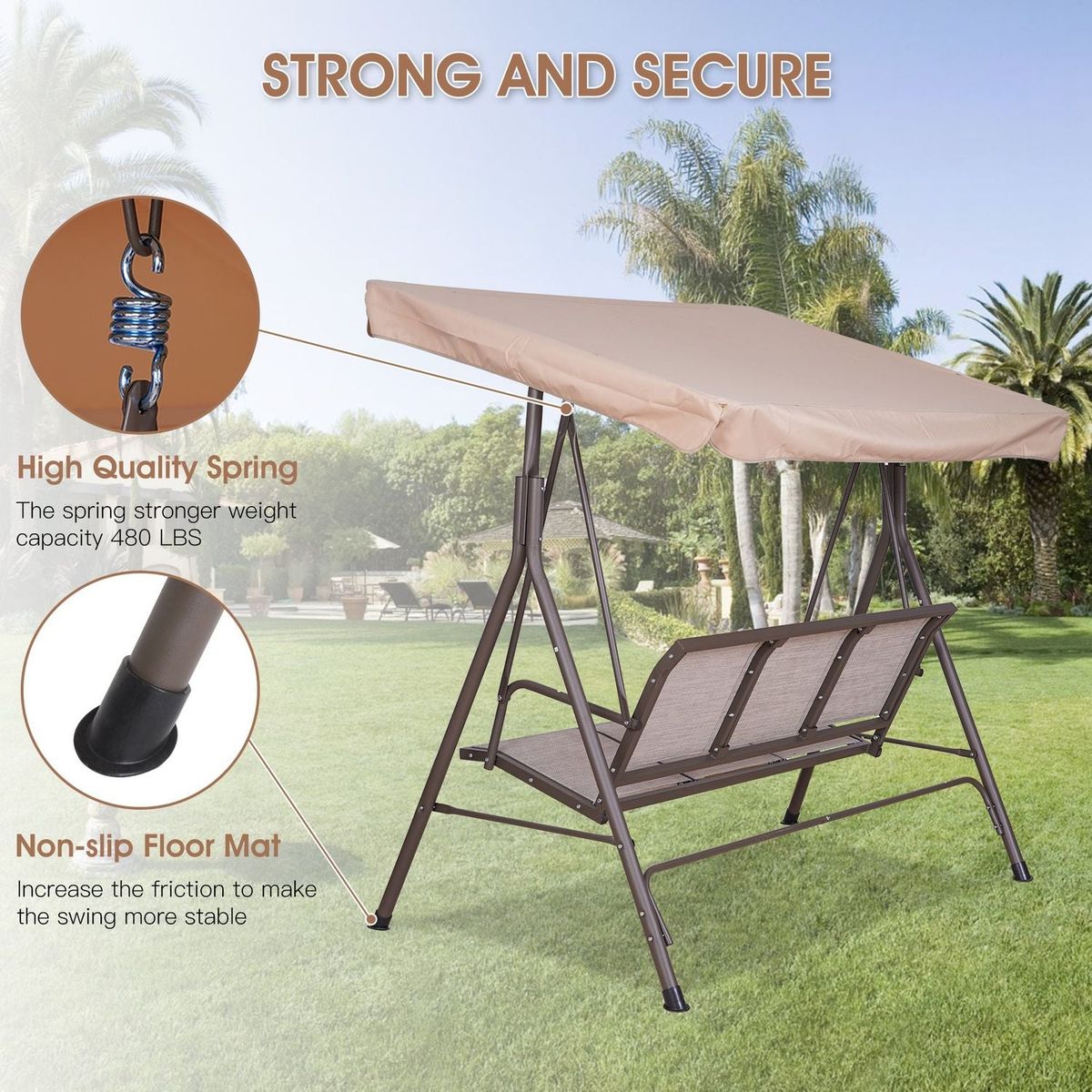 3 Person Outdoor Patio Swing, Steel Frame Textilene Seats Steel Frame Swing Chair, Beige