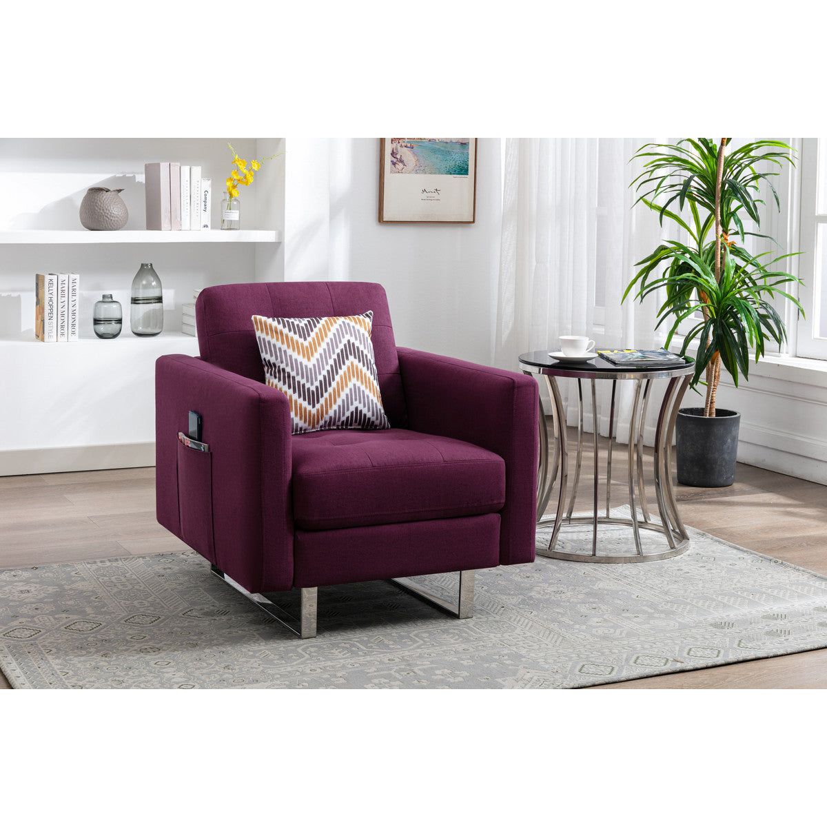 Victoria Purple Linen Fabric Armchair with Metal Legs, Side Pockets, and Pillow