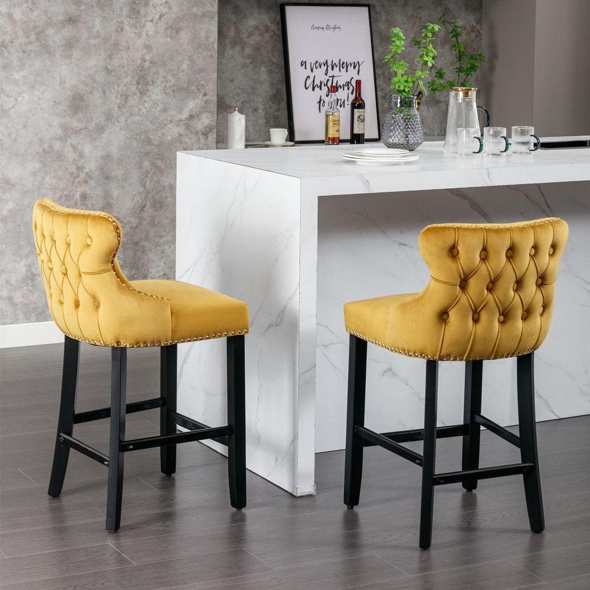 Contemporary Velvet Upholstered Wing-Back Barstools with Button Tufted Decoration and Wooden Legs, and Chrome Nailhead Trim, Leisure Style Bar Chairs, Bar stools, Set of 2 (Gold)