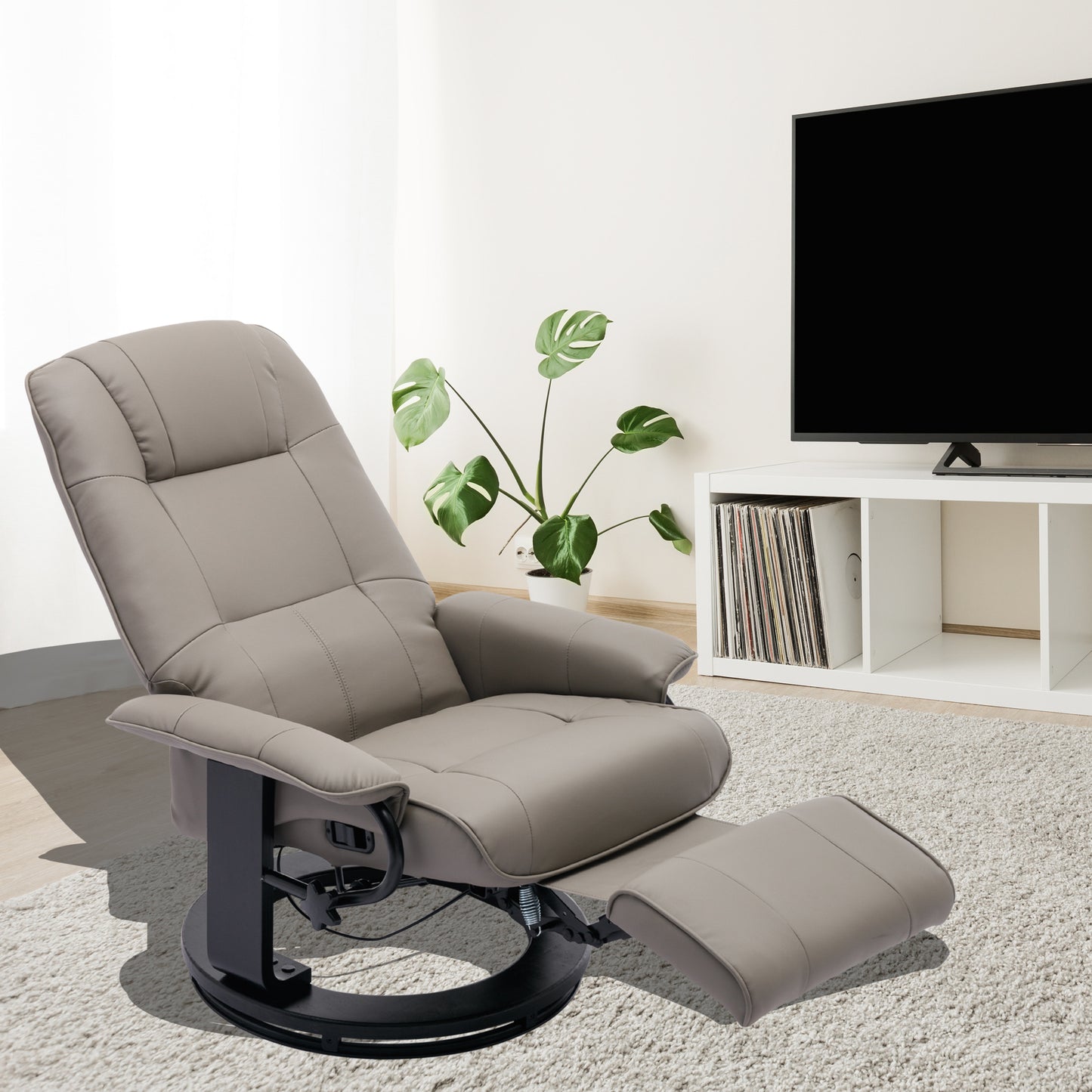 Faux Leather Manual Recliner, Adjustable Swivel Lounge Chair with Footrest, Can Rotate 360 Degrees, L-right Angle Curved Wooden Frame, Armrest and Wrapped Wood Base for Living Room, Grey