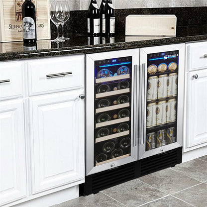 24" Wine Cooler Refrigerator - Dual Zone Built-in or Freestanding Fridge with Stainless Steel Tempered Glass Door and Temperature Memory Function