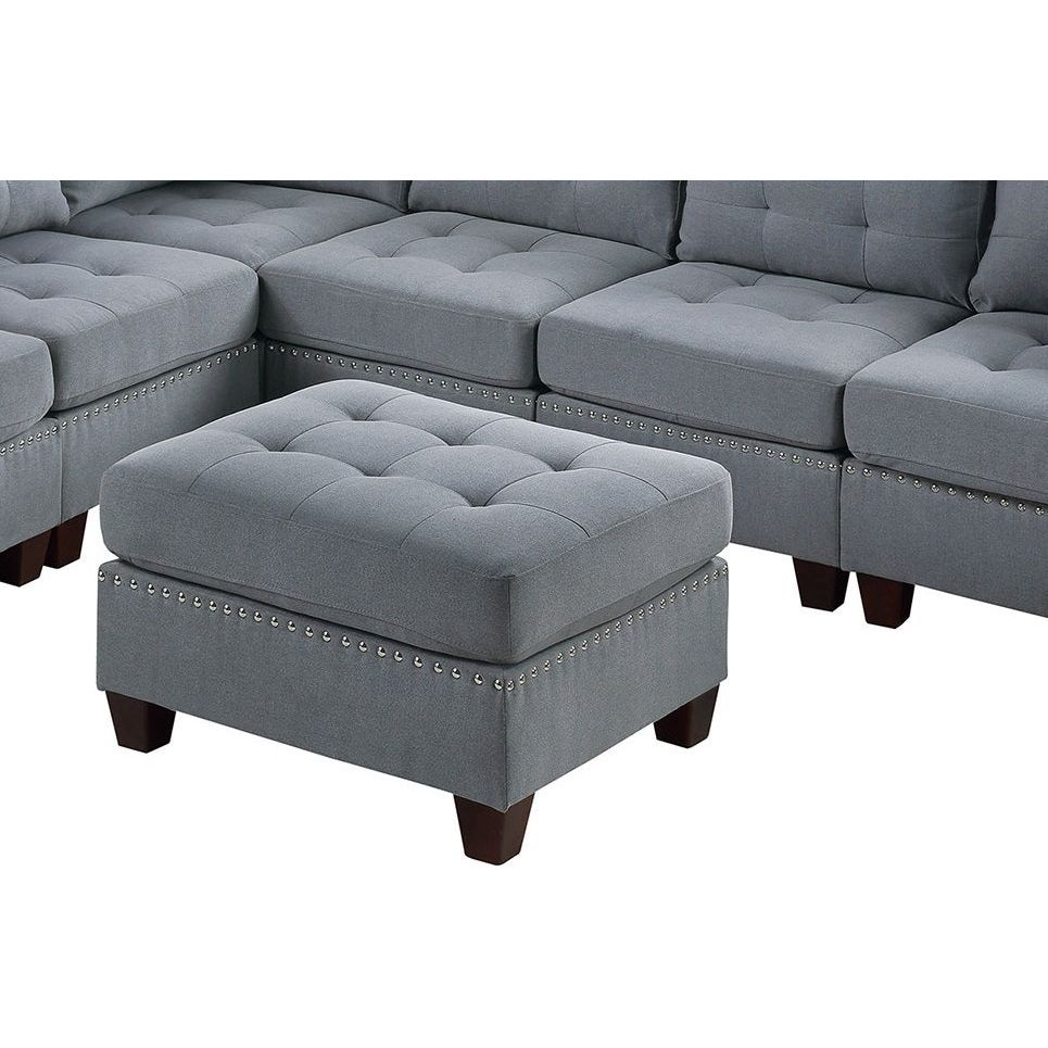 Contemporary Modular Sectional 7pc Set Living Room Furniture Corner L-Sectional Gray Linen Like Fabric Tufted Nail heads 2x Corner Wedge 3x Armless Chair and 2x Ottoman