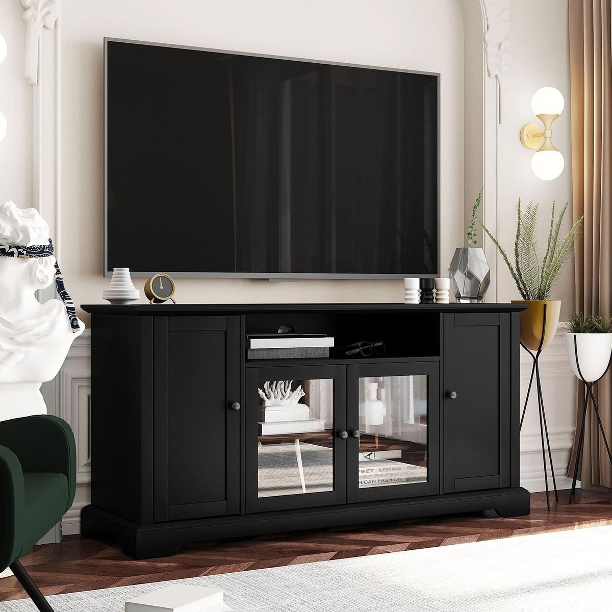 TV Stand for TV up to 65in with 2 Tempered Glass Doors Adjustable Panels Open Style Cabinet, Sideboard for Living room, Black