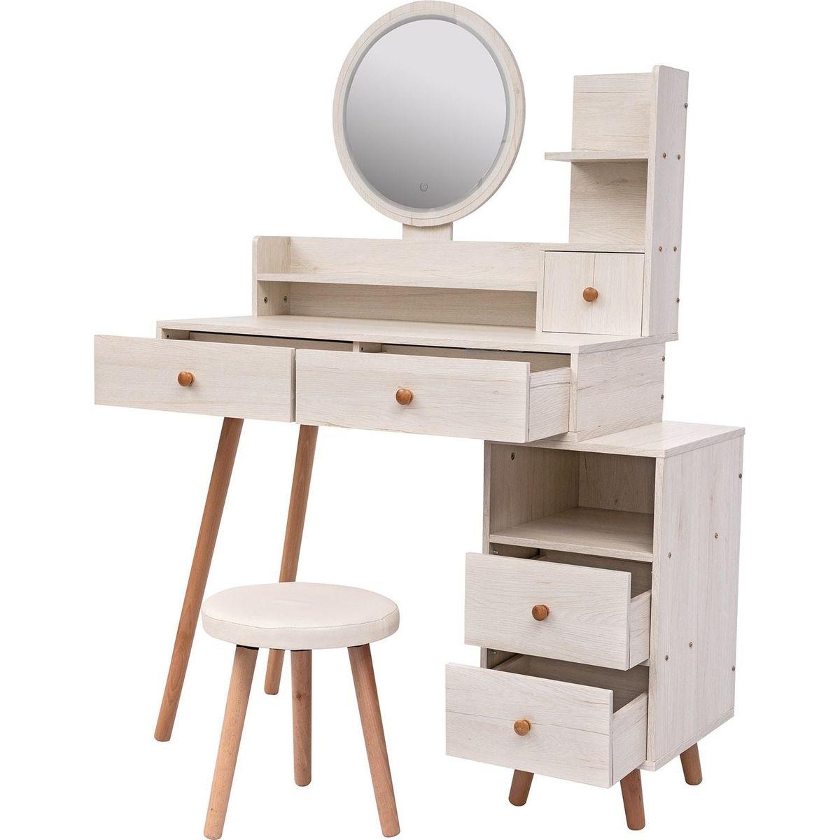 Stylish Vanity Table + Cushioned Stool, Touch Control LED Mirror, Large Capacity Storage Cabinet, 5 Drawers, Fashionable Makeup Furniture, Length Adjustable(L31.5"-43.2"x W15.8" x H48.1")