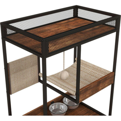 Hidden Cat Litter Box Enclosures with Cat Tree Tower, Cat Furniture with Scratching Pads and Large Storage Space, Industrial Cat Cabinet with Shelves and Doors, Rustic Brown
