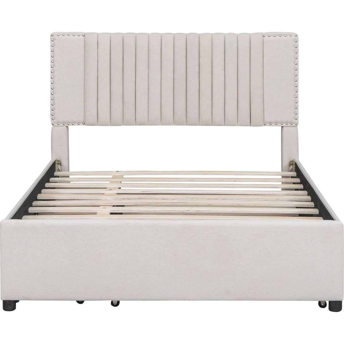 Full Size Upholstered Platform Bed with 2 Drawers and 1 Twin Size Trundle, Classic Headboard Design, Beige