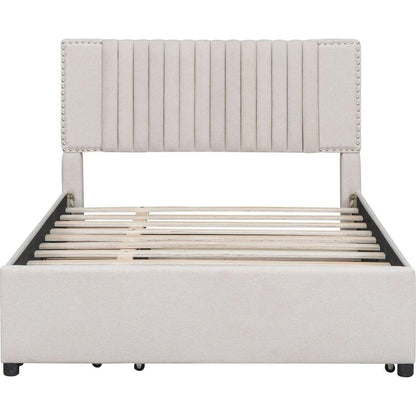Full Size Upholstered Platform Bed with 2 Drawers and 1 Twin Size Trundle, Classic Headboard Design, Beige