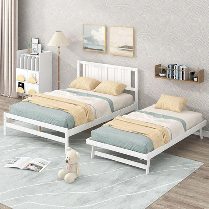 Full Size Platform Bed with Adjustable Trundle, White