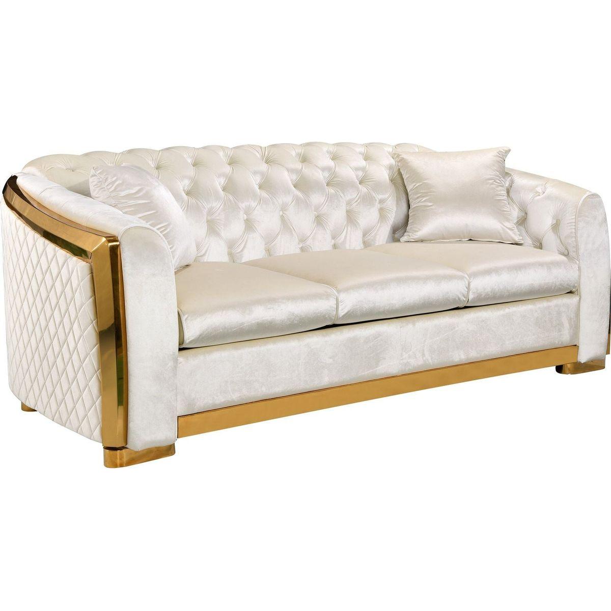 Velvet Luxury Chesterfield Sofa Set, 84 Inches Tufted 3 Seat Couch with Gold Stainless for Living Room, Beige Fabric