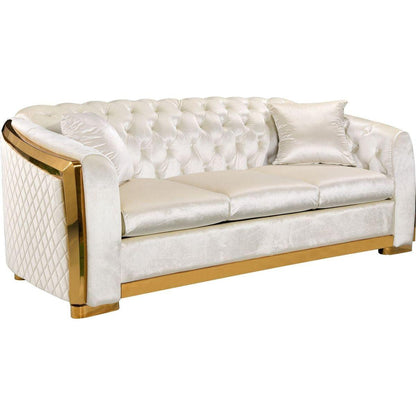 Velvet Luxury Chesterfield Sofa Set, 84 Inches Tufted 3 Seat Couch with Gold Stainless for Living Room, Beige Fabric