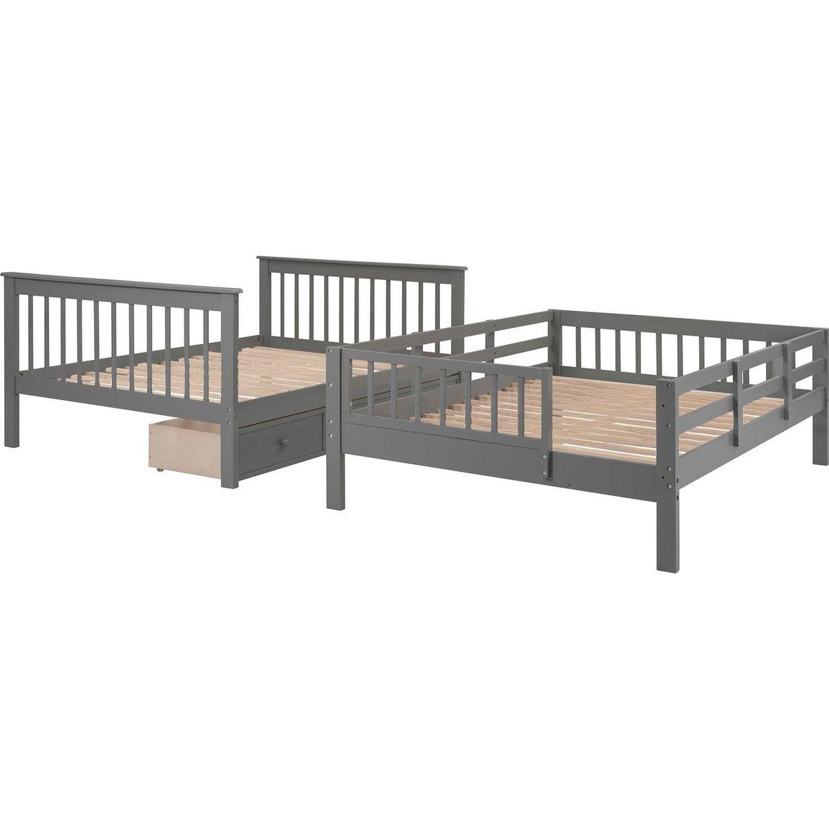 Stairway Full-Over-Full Bunk Bed with Drawer, Storage and Guard Rail for Bedroom, Gray color