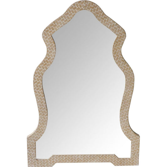 Scalloped Top Wooden Framed Wall Mirror with Geometric Texture, Brown