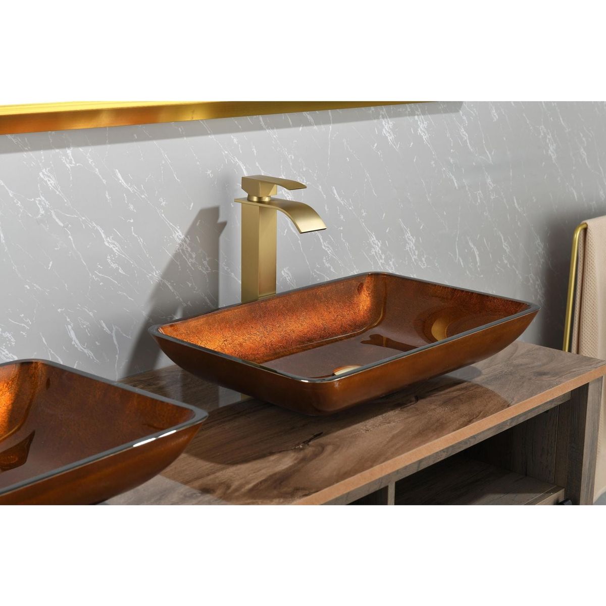 22.5" L -L -14.5" W -4 1/2 in. Handmade Glass Rectangle Vessel Bathroom Sink Set in Rich Chocolate Brown Finish with gold Faucet and gold Pop Up Drain