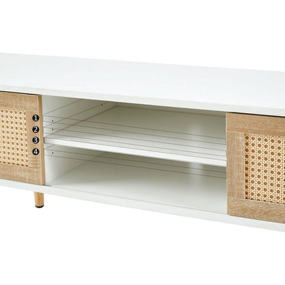 55.12" Rattan TV cabinet, double sliding doors for storage, adjustable shelf, solid wood legs, TV console for living room, White