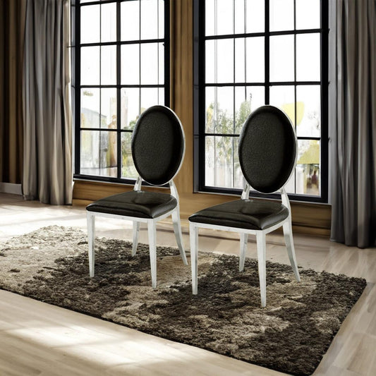 Leatherette Dining Chair Set of 2, Oval Backrest Design and Stainless Steel Legs