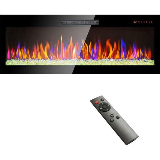 50 inch recessed ultra thin tempered glass front wall mounted electric fireplace with remote and multi color flame & emberbed, LED light heater