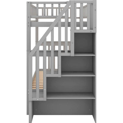 Twin over Twin Bunk Bed with Trundle and Storage, Gray