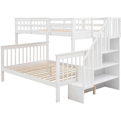 Stairway Twin-Over-Full Bunk Bed with Storage and Guard Rail for Bedroom, White color