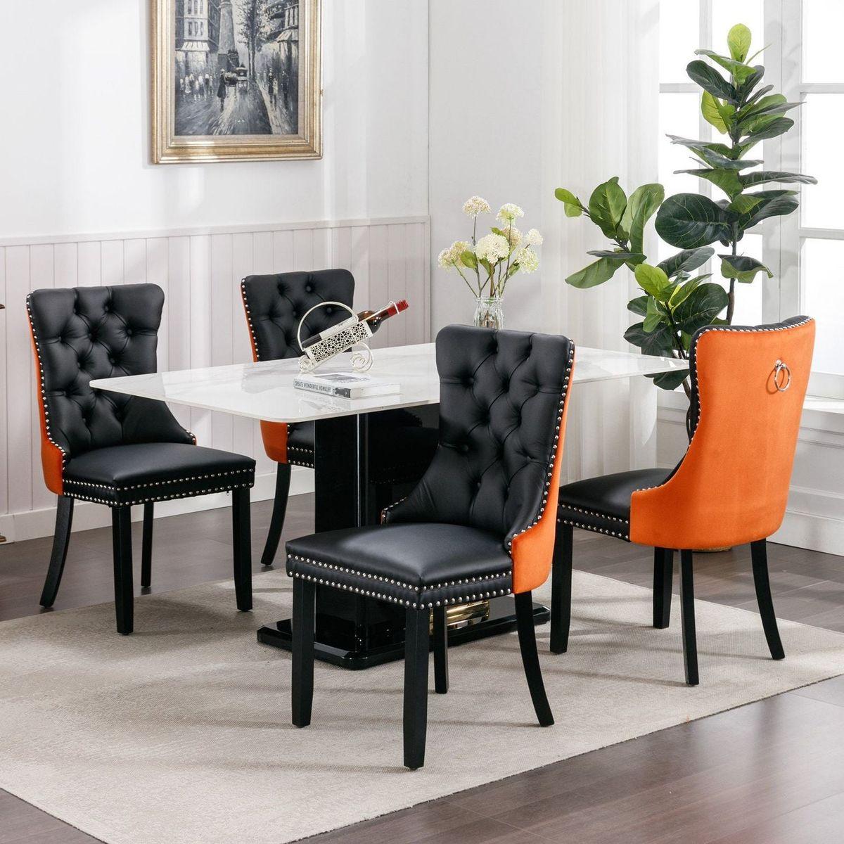 Nikki Collection Modern, High-end Tufted Solid Wood Contemporary PU and Velvet Upholstered Dining Chair with Wood Legs Nailhead Trim 2-Pcs Setlack+Orange