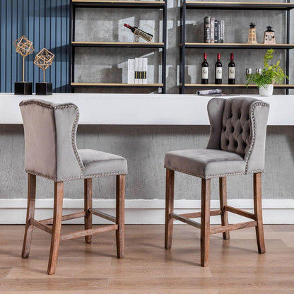 Counter Height Bar Stools, Upholstered 27" Seat Height Barstools, Wingback Breakfast Chairs with Nailhead-Trim & Tufted Back, Wood Legs, Set of 2(Grey)