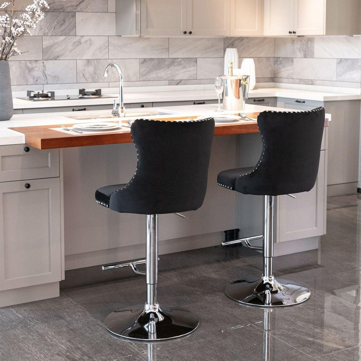 Swivel Velvet Barstools Adjusatble Seat Height from 25-33 Inch, Modern Upholstered Chrome base Bar Stools with Backs Comfortable Tufted for Home Pub and Kitchen Islandlack, Set of 2) - Streamdale Furniture