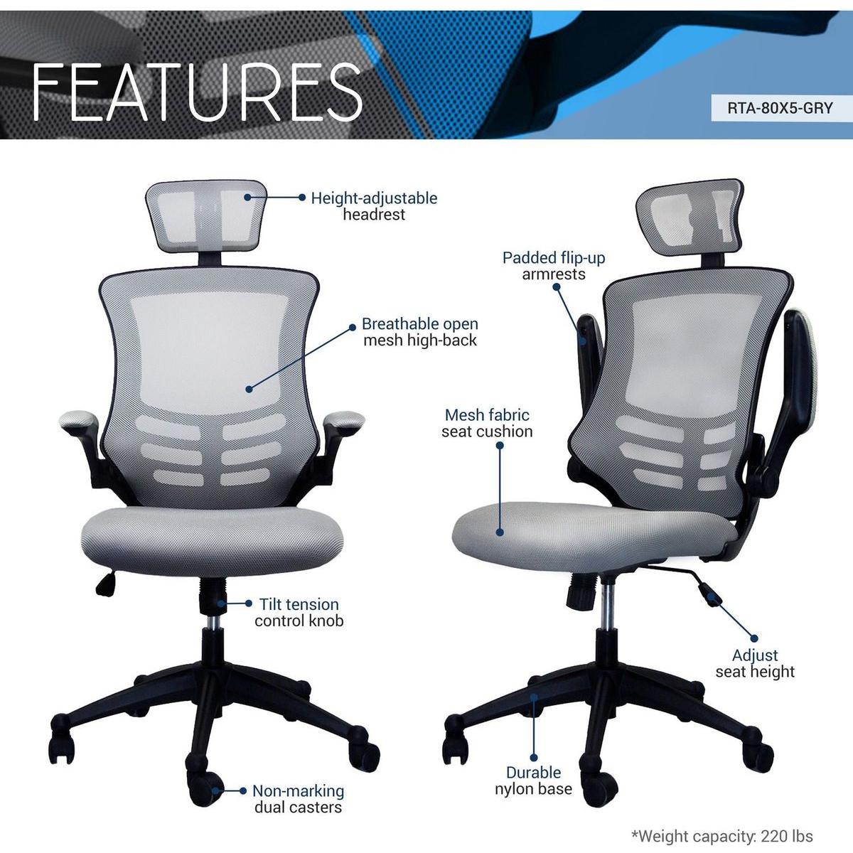 Modern High-Back Mesh Executive Office Chair with Headrest and Flip-Up Arms, Silver Grey