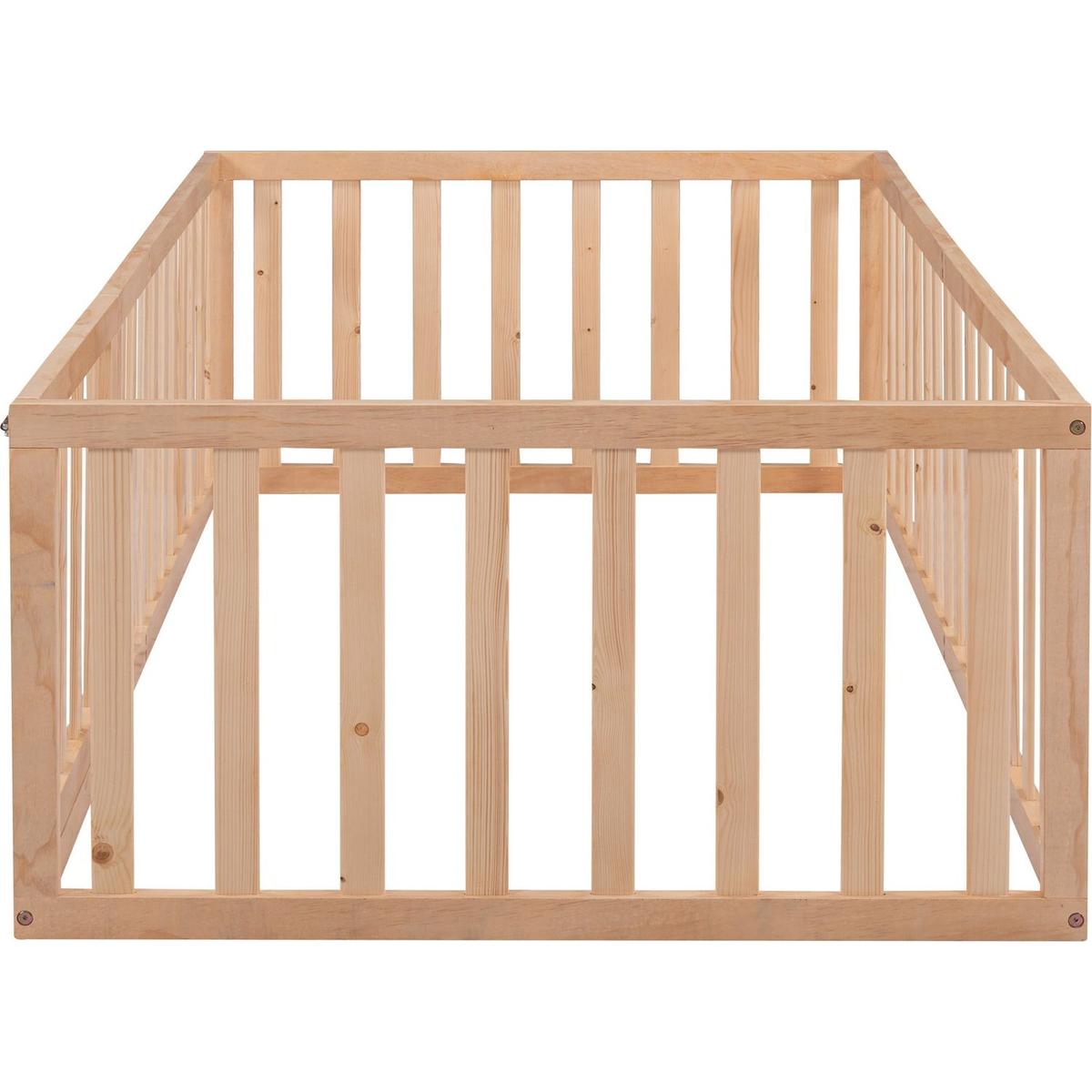 Twin Size Wood Floor Bed Frame with Fence and Door, Natural - Streamdale Furniture