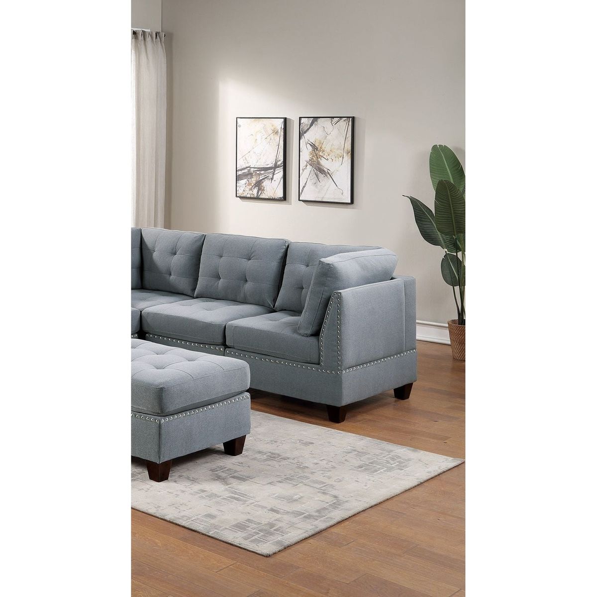 Modular Sectional 6pc Set Living Room Furniture Corner Sectional Tufted Nail heads Couch Gray Linen Like Fabric 3x Corner Wedge 2x Armless Chairs and 1x Ottoman