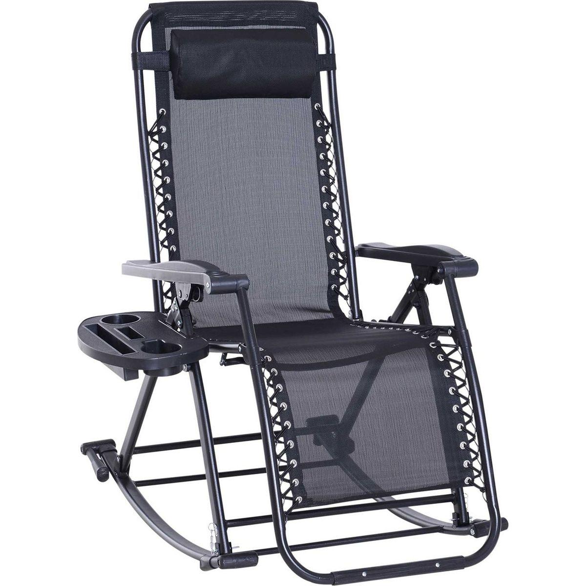 Outdoor Rocking Chairs, Foldable Reclining Anti Gravity Lounge Rocker w/ Pillow, Cup & Phone Holder, Combo Design w/ Folding Legs, Black