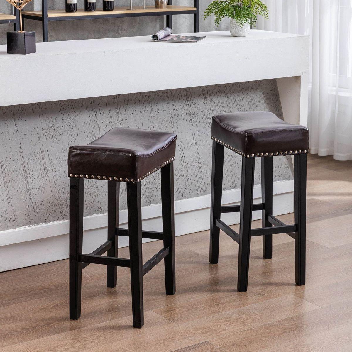 Counter Height 29" Bar Stools for Kitchen Counter Backless Faux Leather Stools Farmhouse Island Chairs (29 Inch, Brown, Set of 2)