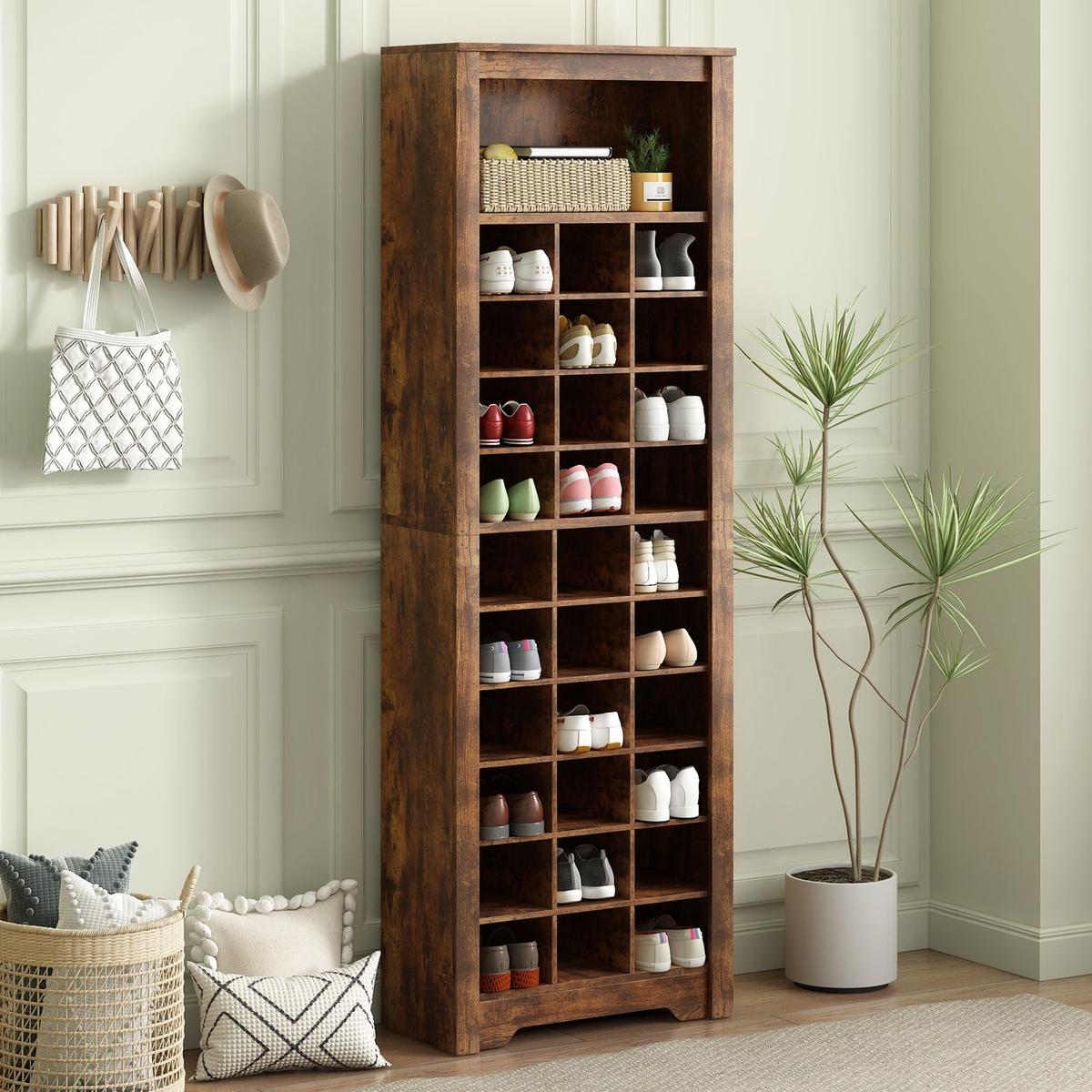 Stylish Design 30 Shoe Cubby Console, Contemporary Shoe Cabinet with Multiple Storage Capacity, Free Standing Tall Cabinet with Versatile Use for Hallway, Bedroom, Rustic Brown